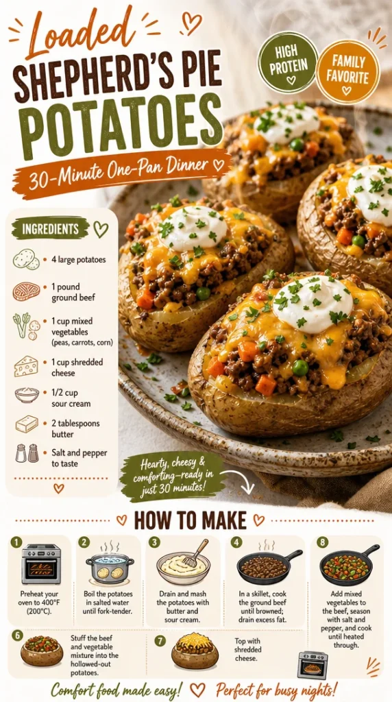 Loaded Shepherd's Pie Potatoes served in a one-pan dinner