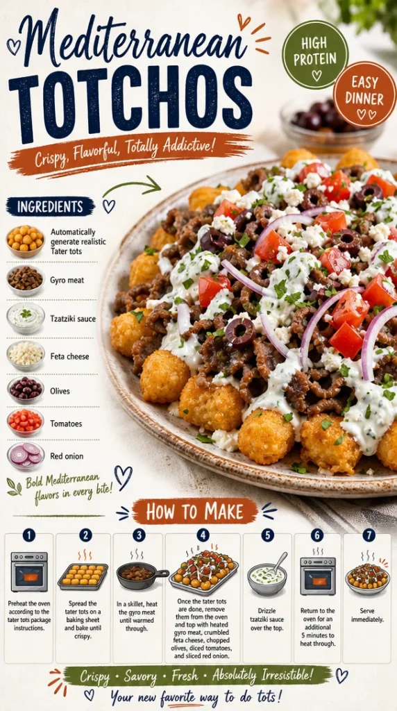 Delicious Mediterranean Totchos topped with fresh ingredients and herbs