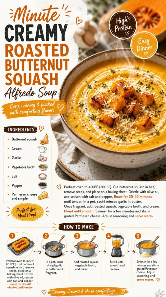 Creamy roasted butternut squash Alfredo soup served in a bowl with herbs