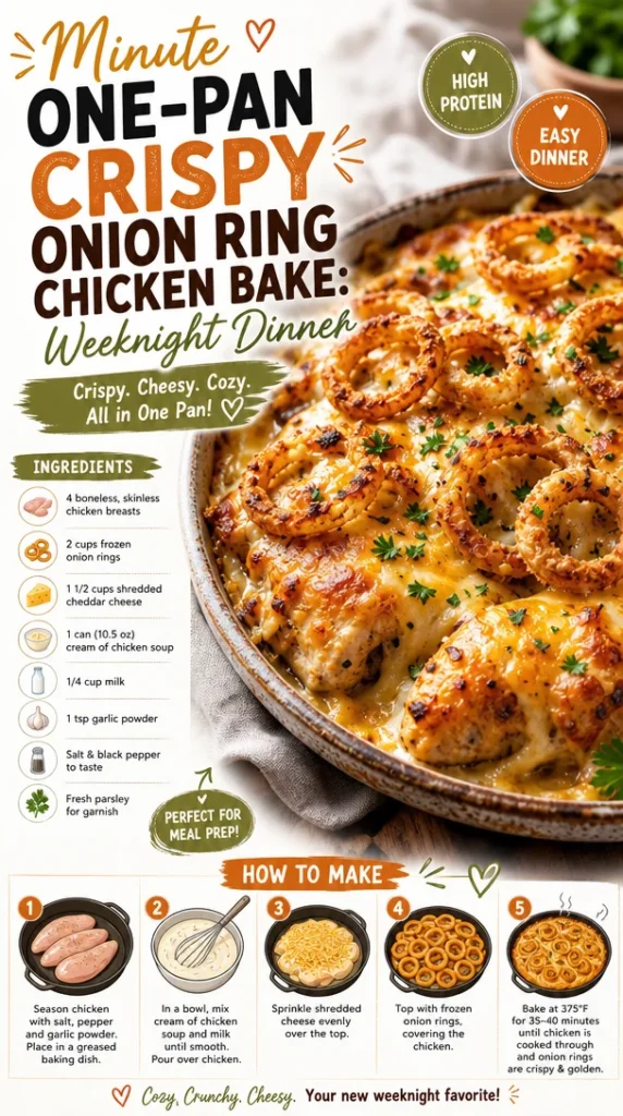 Delicious crispy onion ring chicken bake dish ready for weeknight dinner