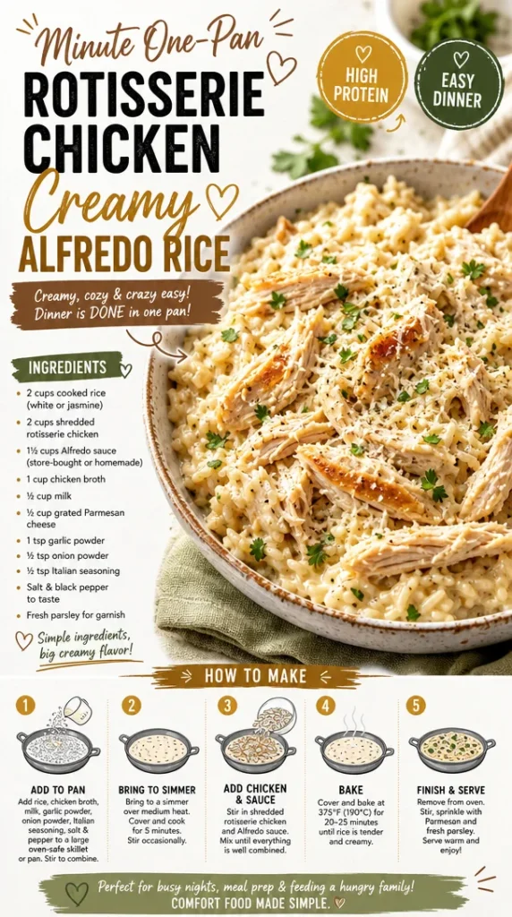 One-pan creamy Alfredo rice with rotisserie chicken served in a bowl
