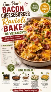 A delicious one-pan bacon cheeseburger ravioli bake topped with cheese and herbs.