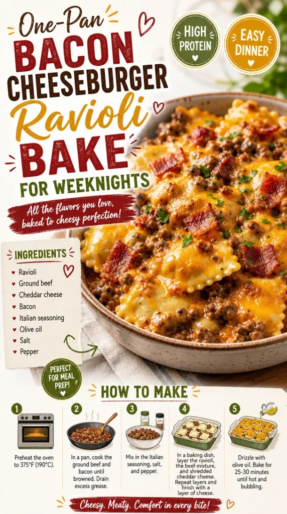 A delicious one-pan bacon cheeseburger ravioli bake topped with cheese and herbs.