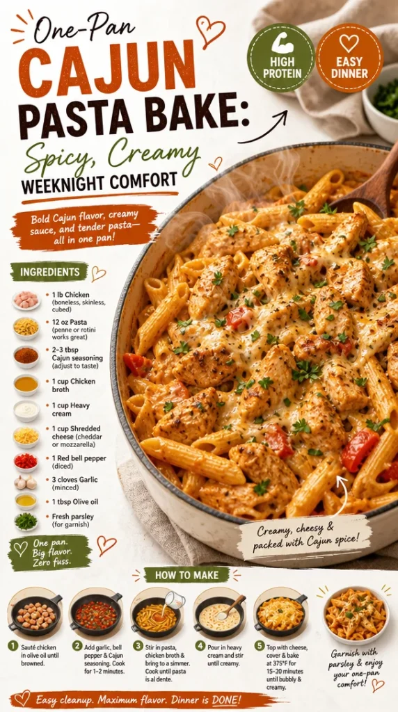 One-Pan Cajun Pasta Bake with creamy sauce and spices