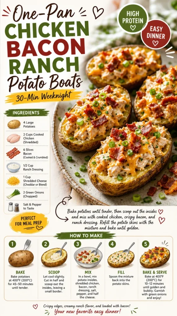 Delicious One-Pan Chicken Bacon Ranch Potato Boats garnished with herbs