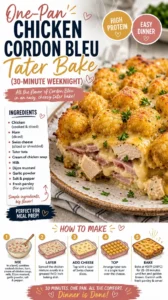 One-Pan Chicken Cordon Bleu Tater Bake dish with cheese and chicken layers