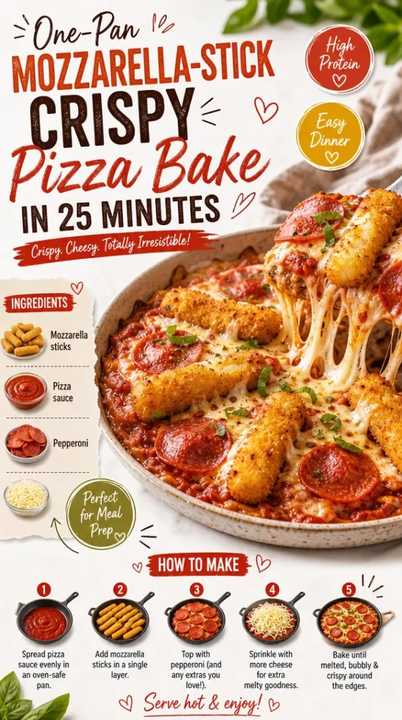 One-Pan Mozzarella-Stick Pizza Bake served on a plate