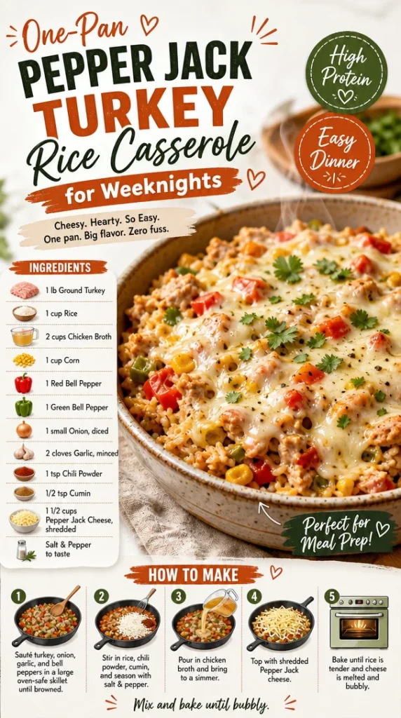 One-pan pepper jack turkey rice casserole ready for a weeknight meal