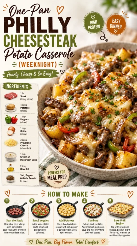 One-Pan Philly Cheesesteak Potato Casserole ready to serve
