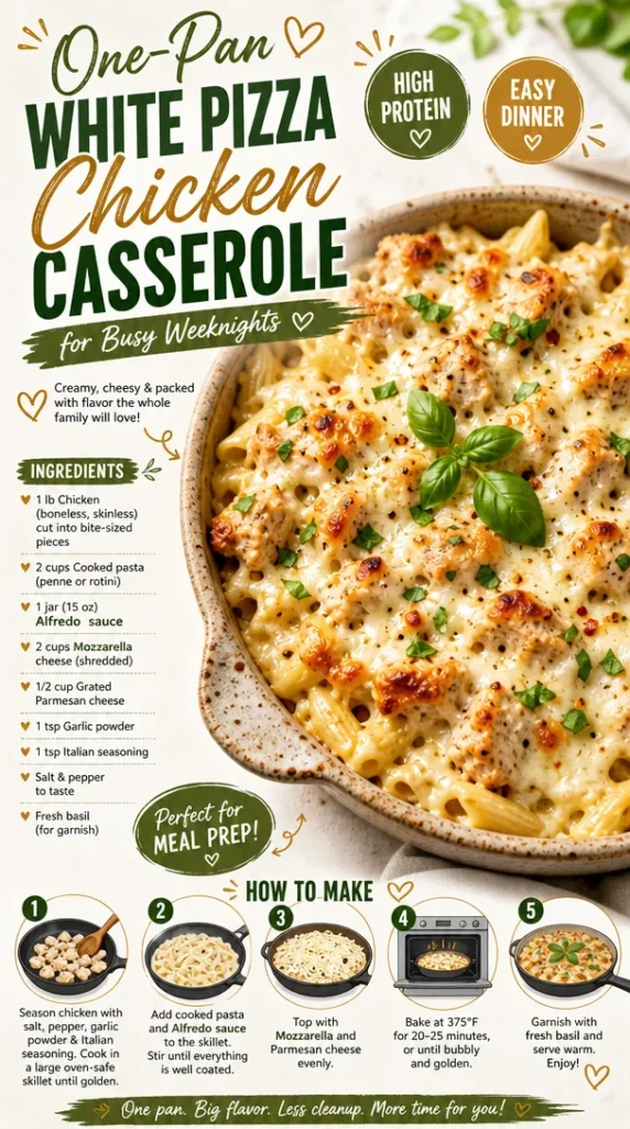 One-pan white pizza chicken casserole ready for a busy weeknight dinner.