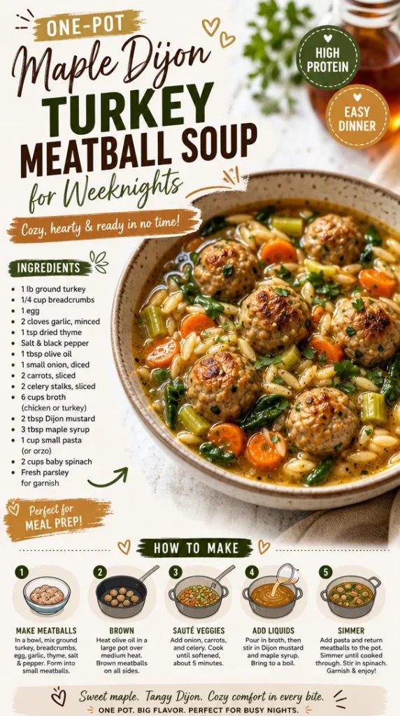 Delicious one-pot maple Dijon turkey meatball soup in a bowl.