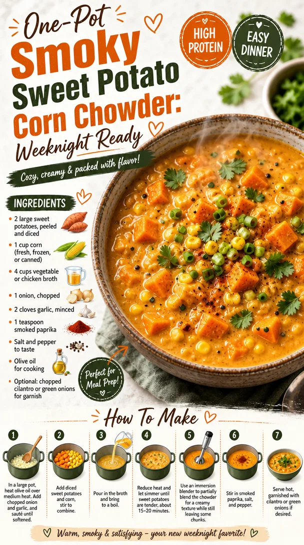 Bowl of smoky sweet potato corn chowder topped with herbs