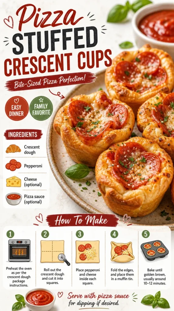 Delicious pizza stuffed crescent cups filled with cheese and toppings