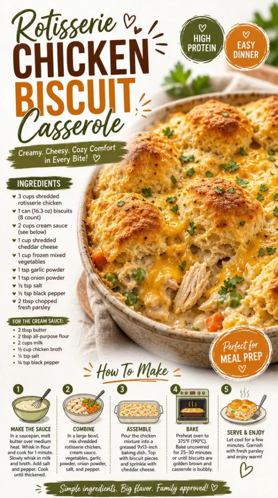Rotisserie Chicken Biscuit Casserole topped with flaky biscuits
