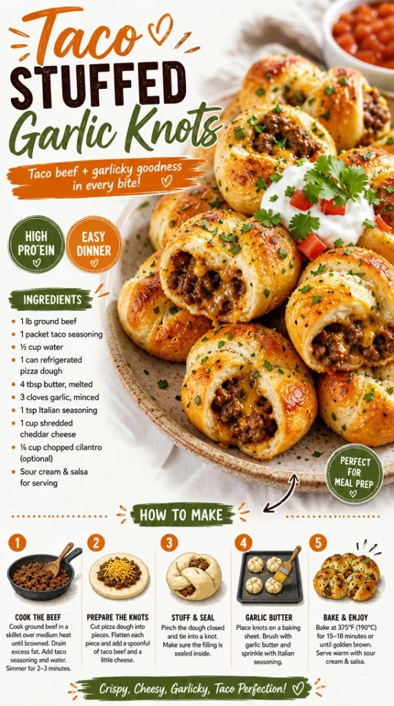Delicious taco stuffed garlic knots served warm with a side of salsa.