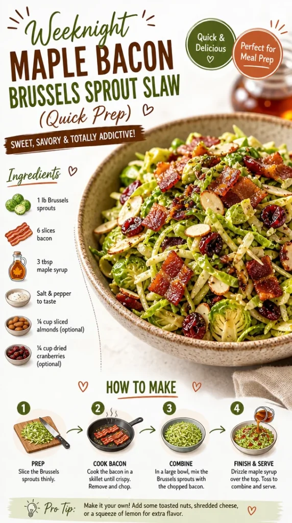 Maple bacon Brussels sprout slaw in a bowl, garnished with fresh herbs.