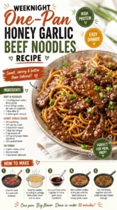 A plate of one-pan honey garlic beef noodles garnished with green onions.
