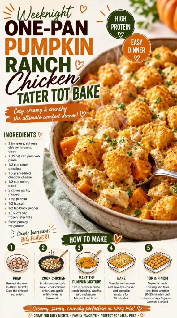 One-Pan Pumpkin Ranch Chicken Tater Tot Bake plated and ready to serve