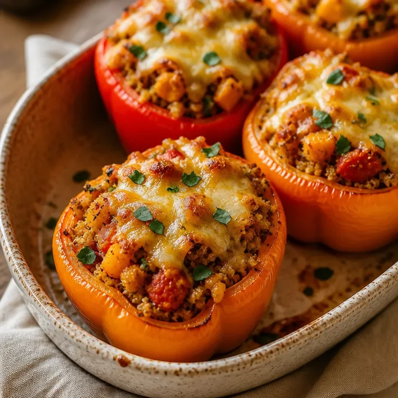 High-protein pumpkin stuffed peppers arranged on a plate for meal prep.