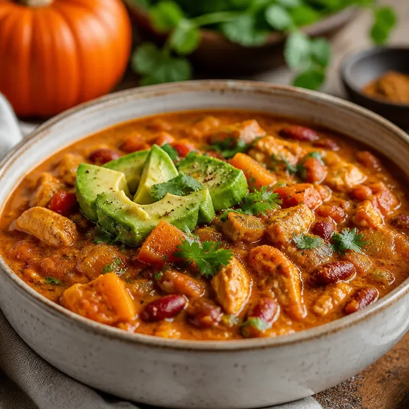 Bowl of high-protein pumpkin chicken chili garnished with herbs