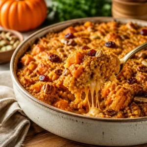 High-protein pumpkin quinoa bake topped with herbs and spices in a baking dish.
