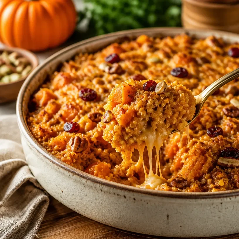 High-protein pumpkin quinoa bake topped with herbs and spices in a baking dish.