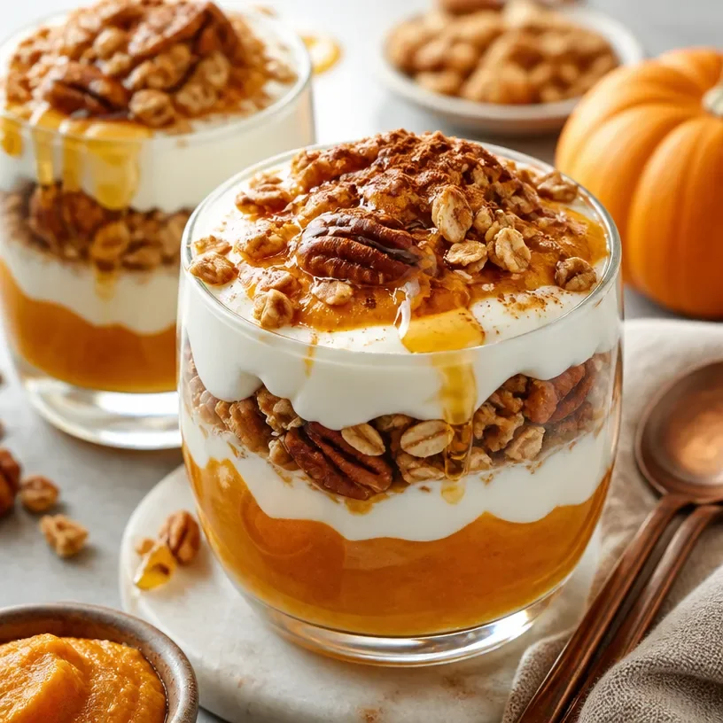 High-protein pumpkin yogurt parfait with layers of yogurt, pumpkin, and granola