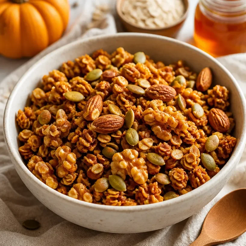 Bowl of high-protein pumpkin granola for healthy breakfast meal prep.
