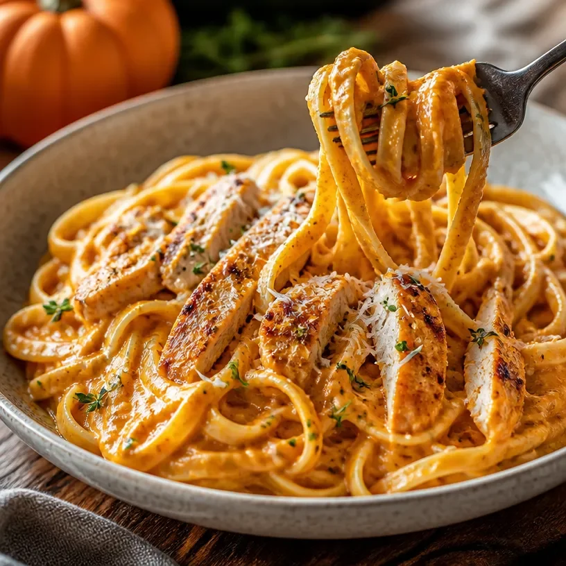 Plate of Minute High-Protein Pumpkin Alfredo Chicken garnished with herbs