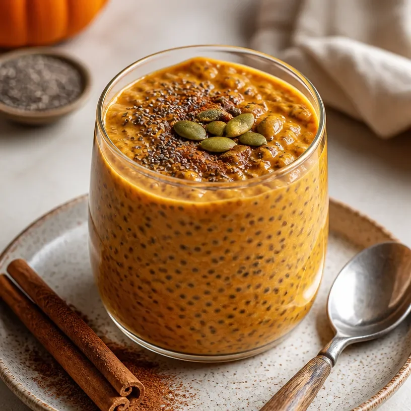 A bowl of high-protein pumpkin chia pudding topped with seeds and spices