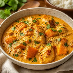 Delicious one-pan high-protein pumpkin chicken curry dish served in a bowl.
