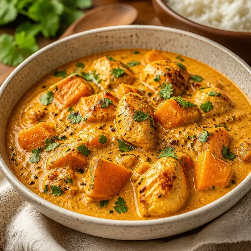 Delicious one-pan high-protein pumpkin chicken curry dish served in a bowl.