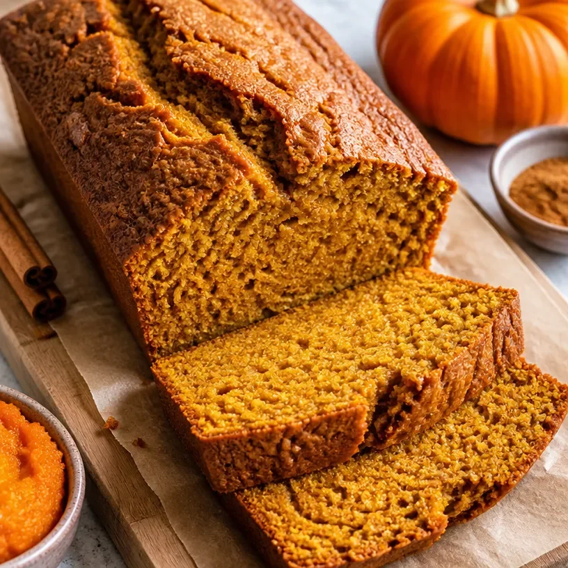 Slices of protein-packed pumpkin bread on a wooden cutting board