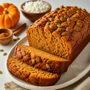Slice of protein-packed pumpkin cottage cheese bread on a wooden board