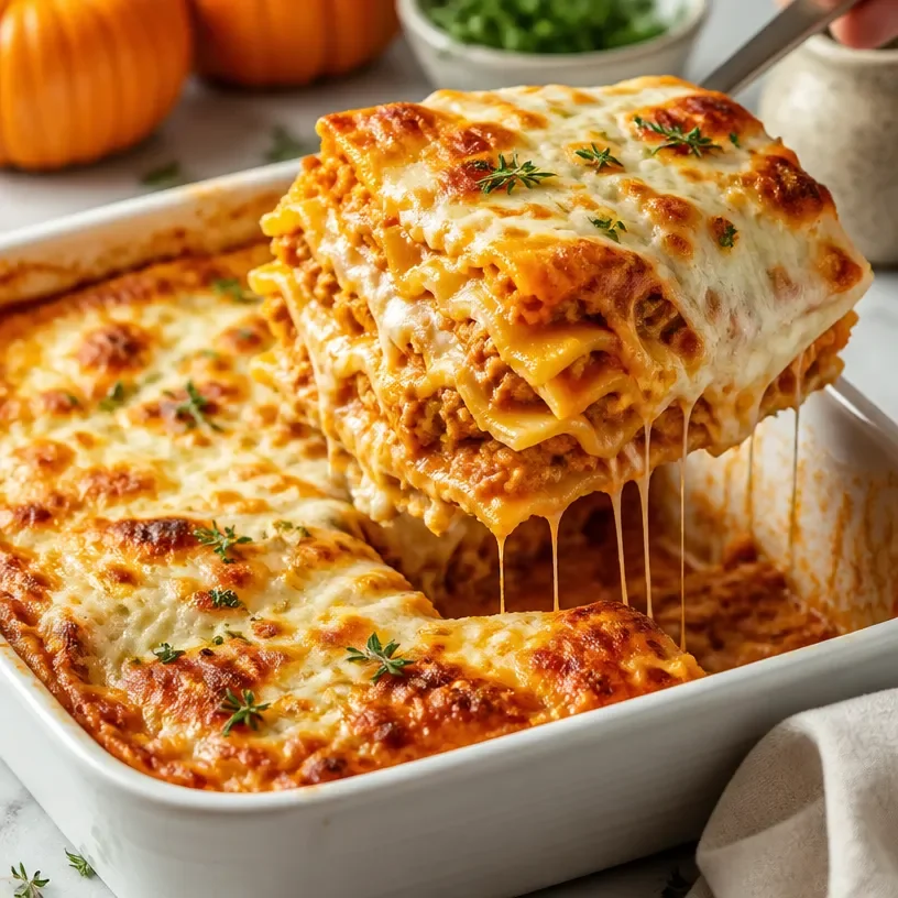 Delicious protein-packed pumpkin lasagna served in a vibrant dish