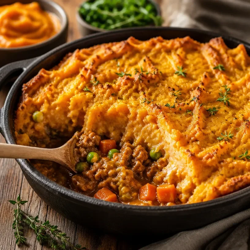 Protein-packed Pumpkin Shepherd's Pie served in a bowl with fresh herbs.
